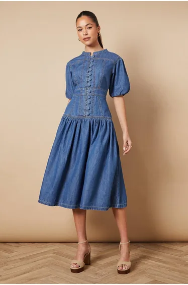 Drop Waist Button Up Denim Midi Dress