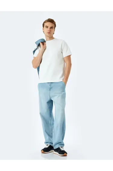Normal Waist Cotton Chino Pocket Detailed Loose Fit Jean Trousers