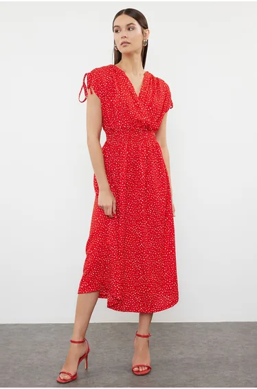 Red Floral Zero Sleeve Double Breasted Skater/Waist Opening Gathered Flexible Midi Knit Dress