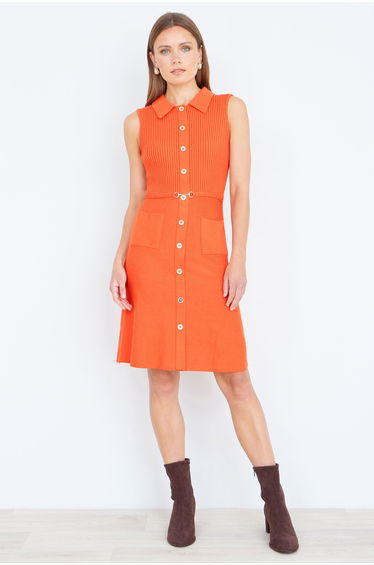 Yumi Orange Rib Knitted Skater Dress With Buckle Detail