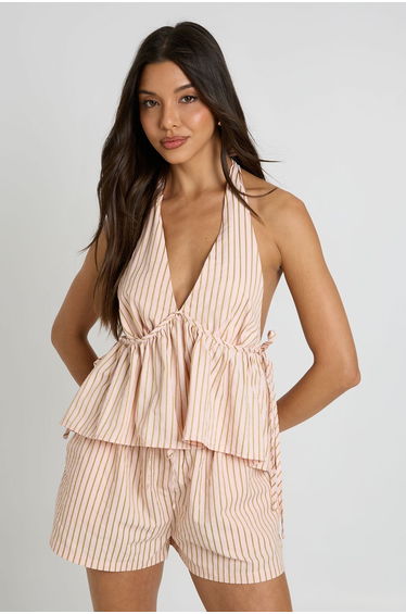 Halter Peplem Textured Stripe Top - pink
