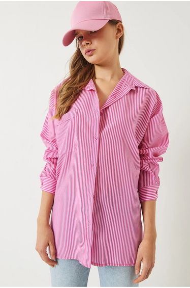 LUCCI Striped Button-Up Overshirt with Slit