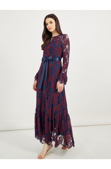 All Over Lace Satin Bow Tie A-Line Maxi Dress