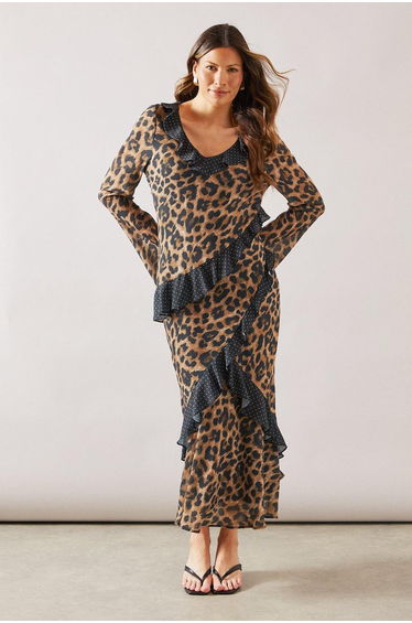 Leopard Mixed Print Ruffle Midi Dress