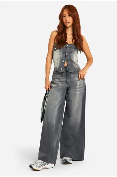 Washed Grey Stretch Denim Button Detail Bandeau Top - grey