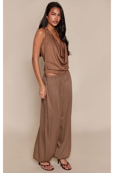 Brown Textured Trim Detail Halterneck Top