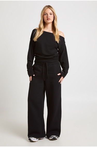 Petite Cinched Waist Off Shoulder Straight Leg Tracksuit - black