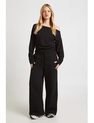 Petite Cinched Waist Off Shoulder Straight Leg Tracksuit - black