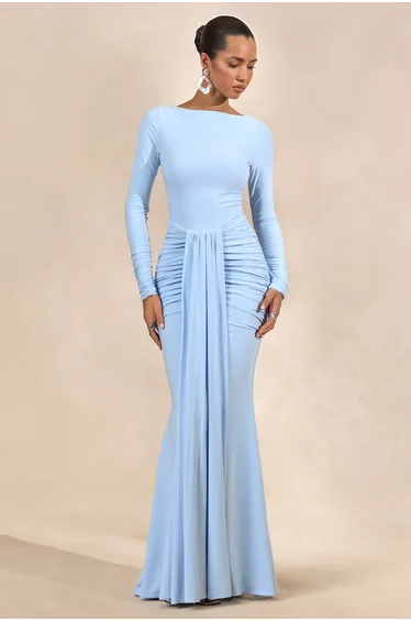 Liatris | Light Blue Wide-Neck Maxi-Dress With Gathered-Detailing