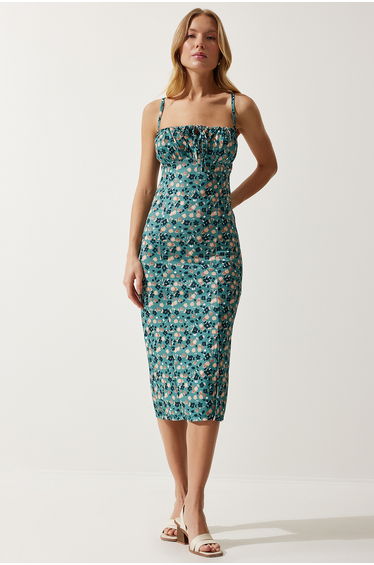Women's Petrol Green Floral Slit Summer Knitted Dress