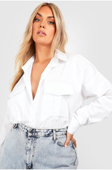 Plus Oversized Cotton Poplin Utility Shirt