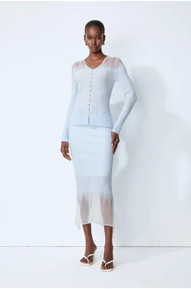 Lazy Day Blue Rhinestone Sheer Knit Top & Skirt Set