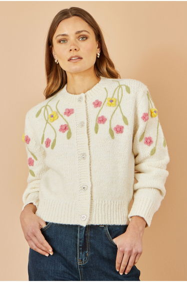 Yumi Beige Flower Embroidered Chunky Knit Cardigan