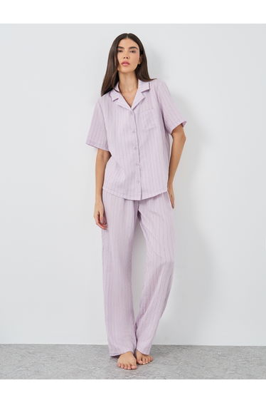 Textured Striped Buttoned Shirt and Pyjama Set
