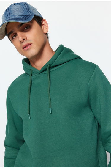 Green Men's Regular/Normal Fit Hoodie Basic Label Detail Fleece Inner Cotton Sweatshirt.