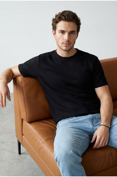 Black Regular/Normal Cut Textured Ribbed Knit Basic T-Shirt Tmnss26Ts00002