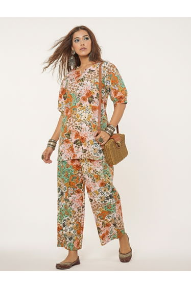 Women Floral Print Puff Sleeve Tunic and Pants Co-ords