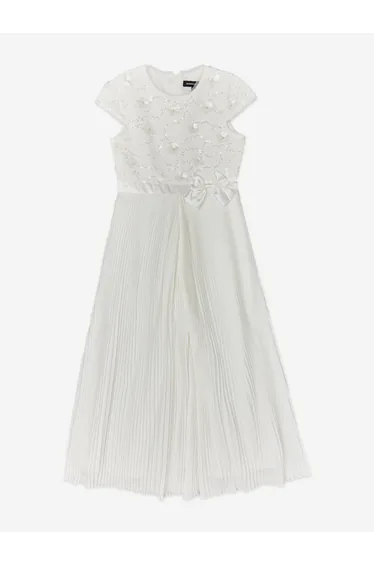 BCBGMAXAZRIA Girls Tweed Jumpsuit with Satin Bow in White