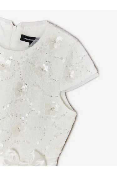 BCBGMAXAZRIA Girls Tweed Jumpsuit with Satin Bow in White