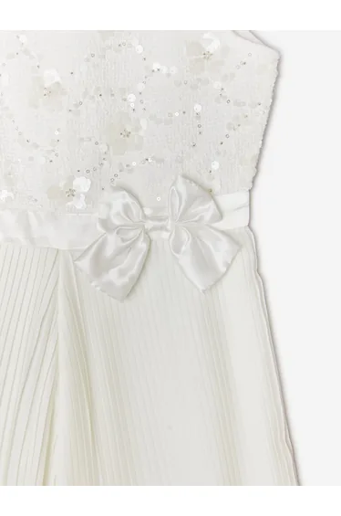 BCBGMAXAZRIA Girls Tweed Jumpsuit with Satin Bow in White