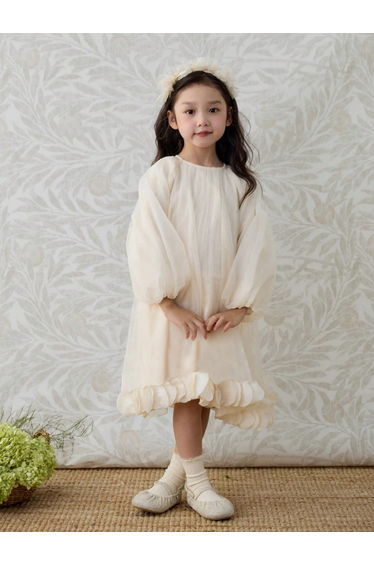 Girls Beige Balloon Sleeve A-Line Dress