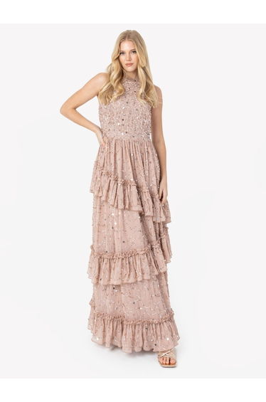 Maya Taupe Blush Fully Embellished Halter Neck Maxi Dress