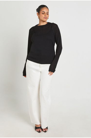 Plus Strappy Double Layer Button Down Top - black