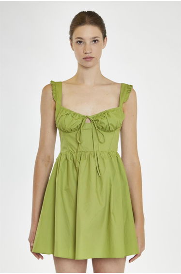 Leaf-Green Gathered-Bust Mini-Dress