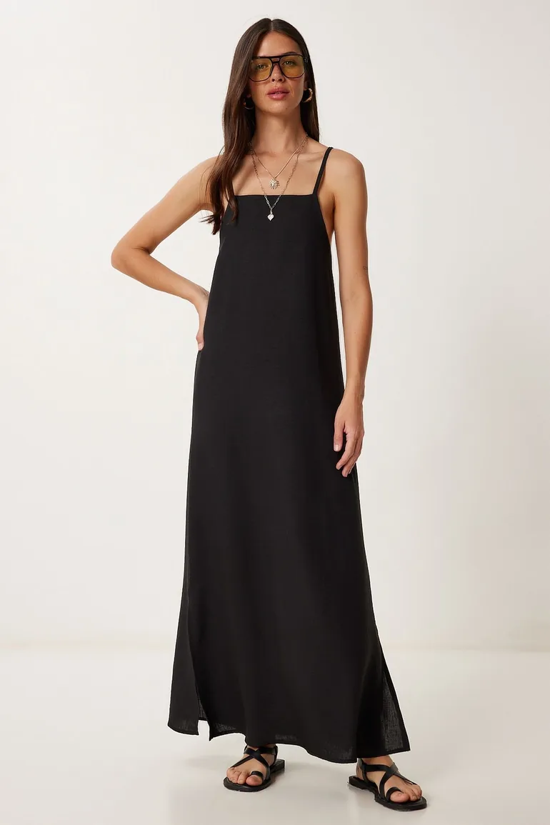 Women's Black Strappy Summer Linen Dress Happiness Stanbul Black : Holiday Dresses : VogaCloset Oman Women's Black Strappy Summer Linen Dress Happiness Stanbul Black : Holiday Dresses : VogaCloset Oman