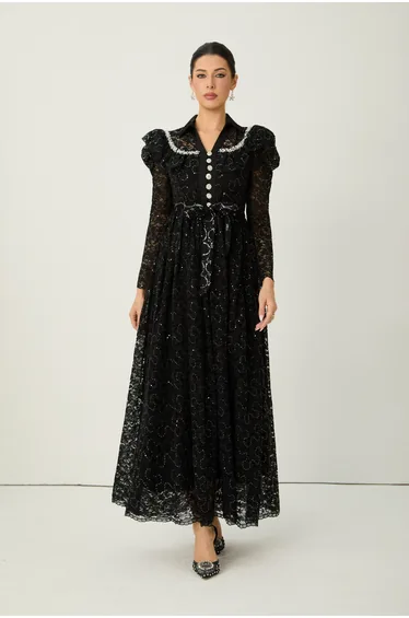 Illustrious Glow Black Sequin Lace Puff Sleeve Maxi Dress