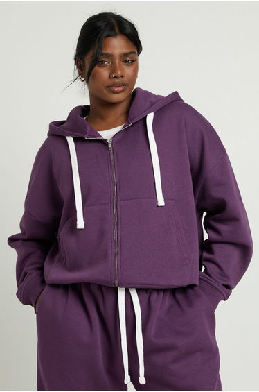 Plus Contrast Drawcord Zip Up Hoodie - plum