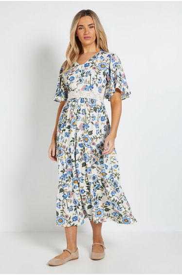 Blue Floral Lace Trim Button Detail Angel Sleeve Printed Midi Dress