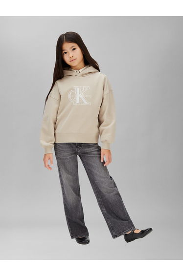 Calvin Klein Girls Velvet Monologo Hoodie in Beige
