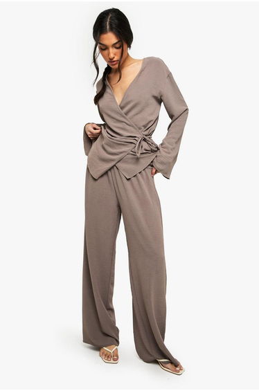 Woven Elastic Waist Wide Leg Trousers