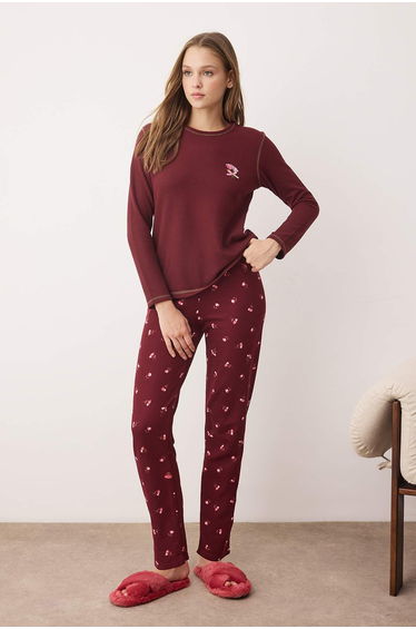Burgundy teddy bear soft winter waffle knit pajama set