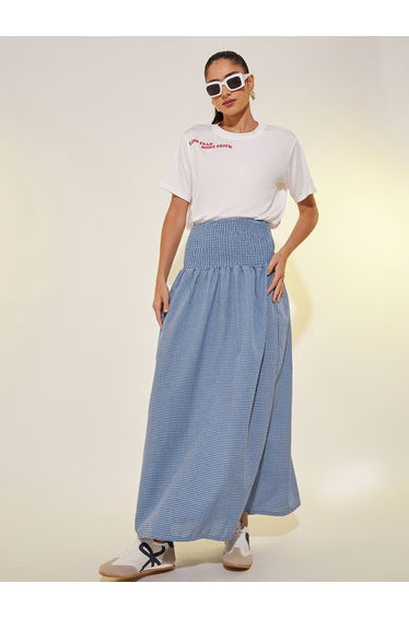 Checked Smocked Waist A-Line Maxi Skirt