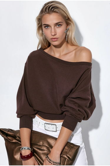 BUSEM Women's Ribbed Crew Neck Sweater