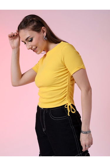 Women Yellow Ribbed Ruched Top