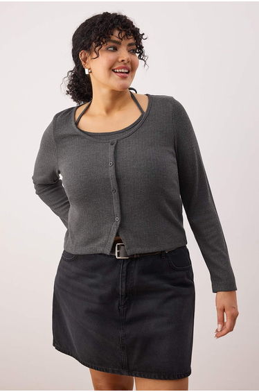Anthracite melange 2-piece ribbed knit plus size blouse with button front