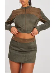 Khaki Suede Wrap Micro Mini Skirt - 4