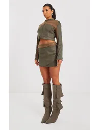 Khaki Suede Wrap Micro Mini Skirt