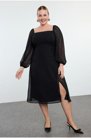 Black Plus Chiffon A-Line Midi Dress with Long Sleeve