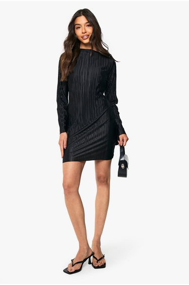 Plisse Flared Long Sleeve Mini Dress - black