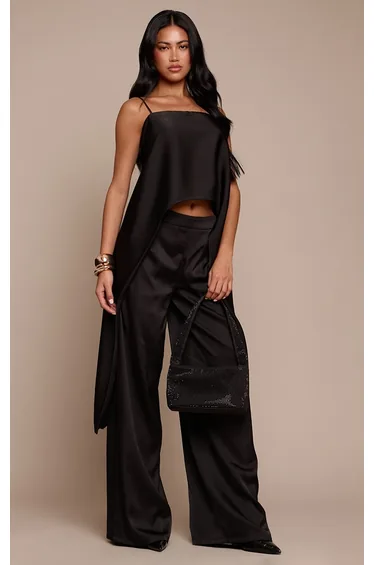 Black Satin Drape Back Top