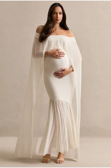 Bluma | Cream Bardot-Neck Maternity Maxi Dress With Sheer Skirt And Cape Detail