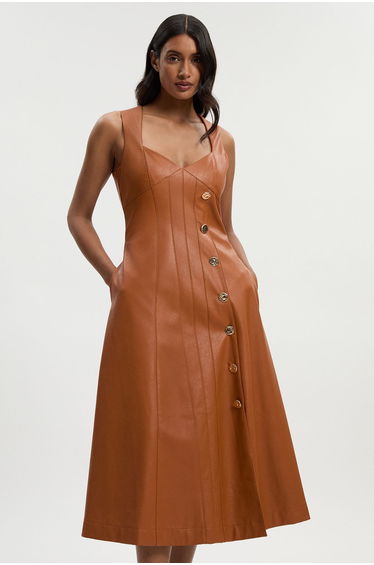 Faux Leather Button Detail Sleeveless Midi Dress