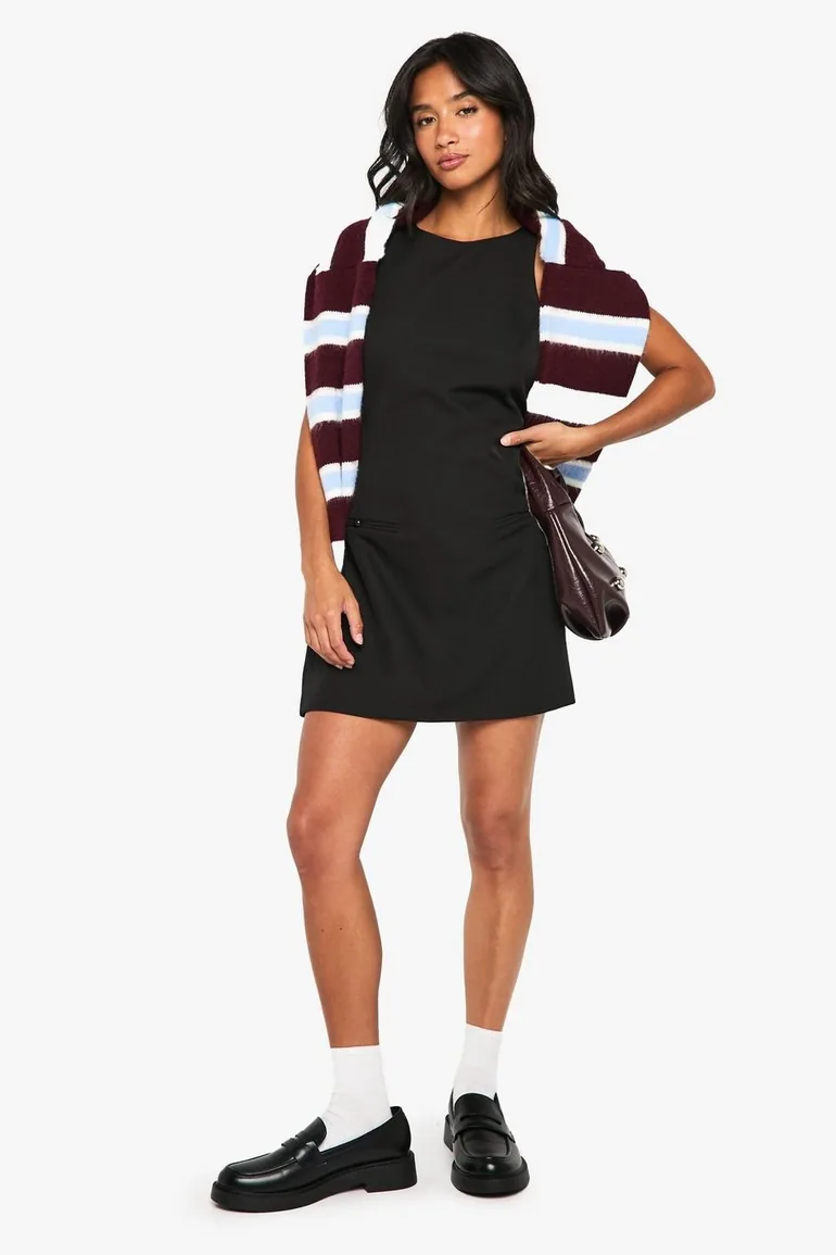 Petite Pearl Trim Sleeveless Tailored Mini Dress - black