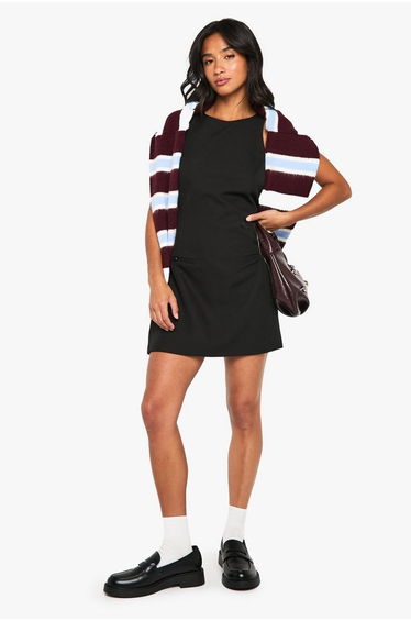 Petite Pearl Trim Sleeveless Tailored Mini Dress - black