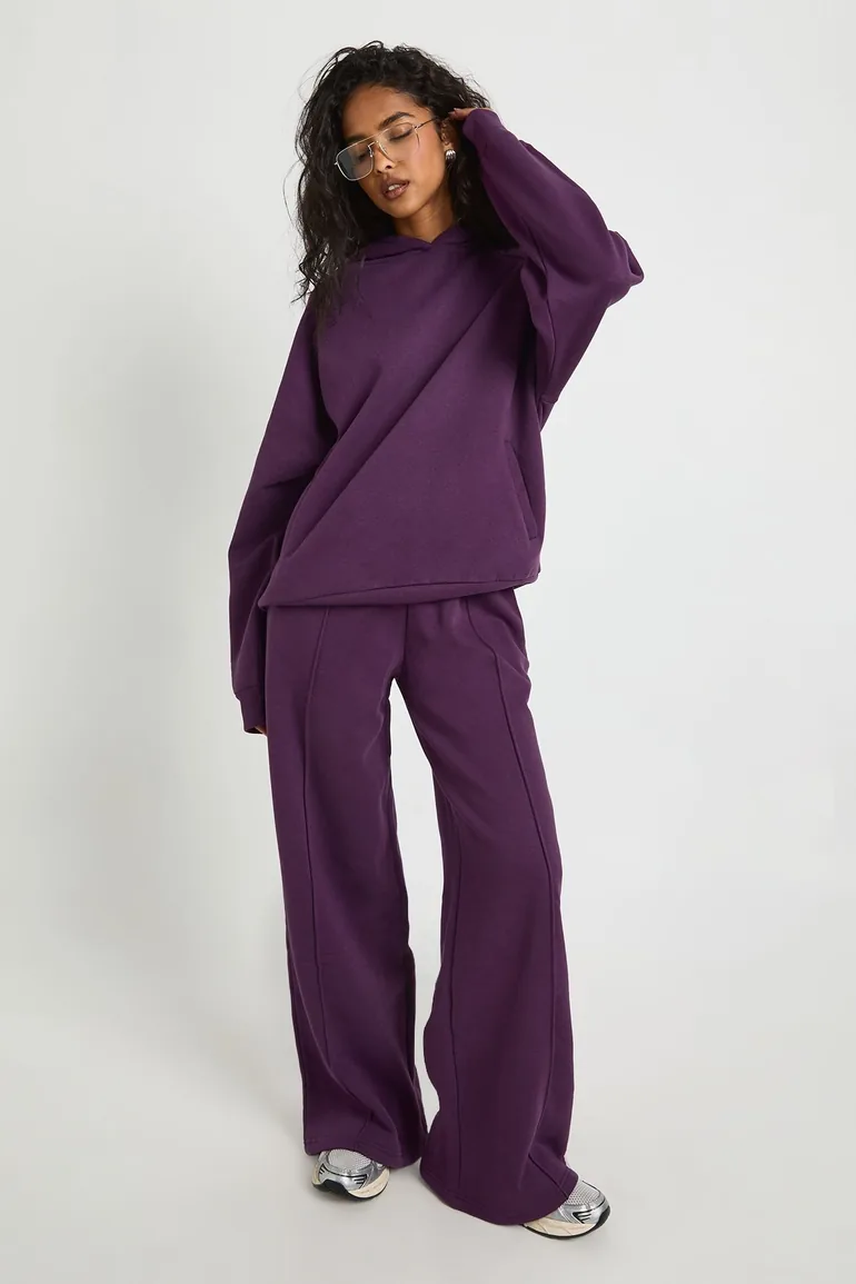 Oversized Hoodie And Pintuck Straight Leg Jogger Tracksuit - plum
