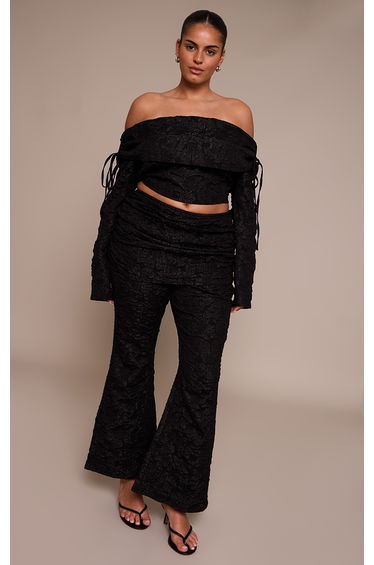 Plus Black Floral Jacquard Fold Over Wide Leg Trousers